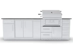 Sunstone Metal Products ALAMO 9โ Hybrid Gas Charcoal Wood Burning Grill Island Package With Dry Storage Cabinet & Ample Storage SCPALAMO