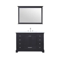 Lexora Dukes 48" Espresso Single Vanity, White Carrara Marble Top, White Square Sink And 46" Mirror