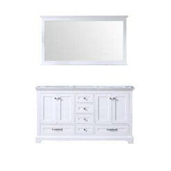 Lexora Dukes 60" White Double Vanity, White Carrara Marble Top, White Square Sinks And 58" Mirror