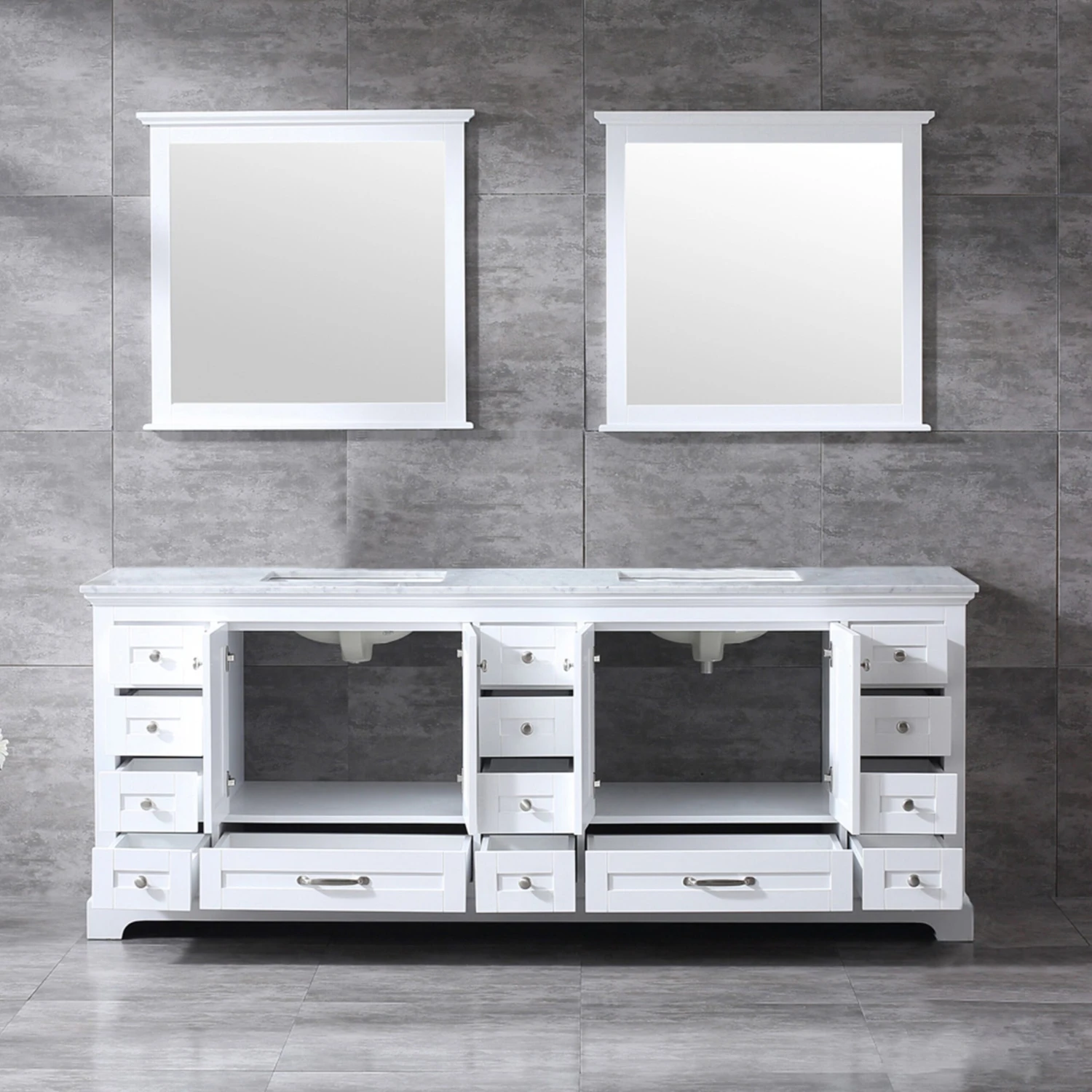 Lexora Dukes 84" White Double Vanity, White Carrara Marble Top, White Square Sinks And 34" Mirrors 5 Lexora Dukes 84" White Double Vanity, White Carrara Marble Top, White Square Sinks And 34" Mirrors - Image 3