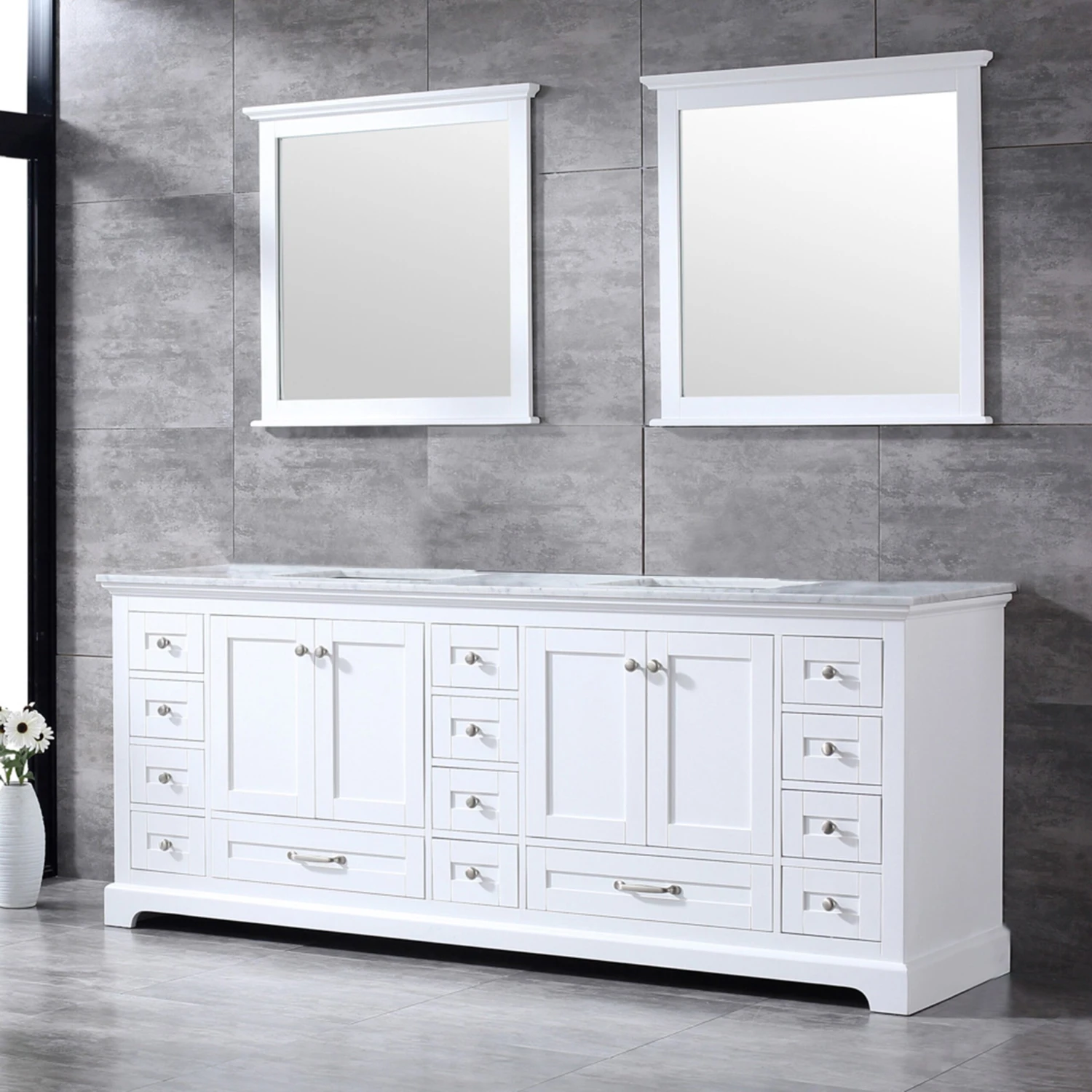 Lexora Dukes 84" White Double Vanity, White Carrara Marble Top, White Square Sinks And 34" Mirrors 6 Lexora Dukes 84" White Double Vanity, White Carrara Marble Top, White Square Sinks And 34" Mirrors - Image 4
