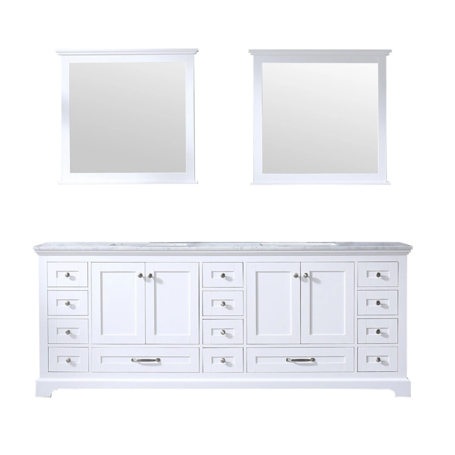 Lexora Dukes 84" White Double Vanity, White Carrara Marble Top, White Square Sinks And 34" Mirrors 3 Lexora Dukes 84" White Double Vanity, White Carrara Marble Top, White Square Sinks And 34" Mirrors