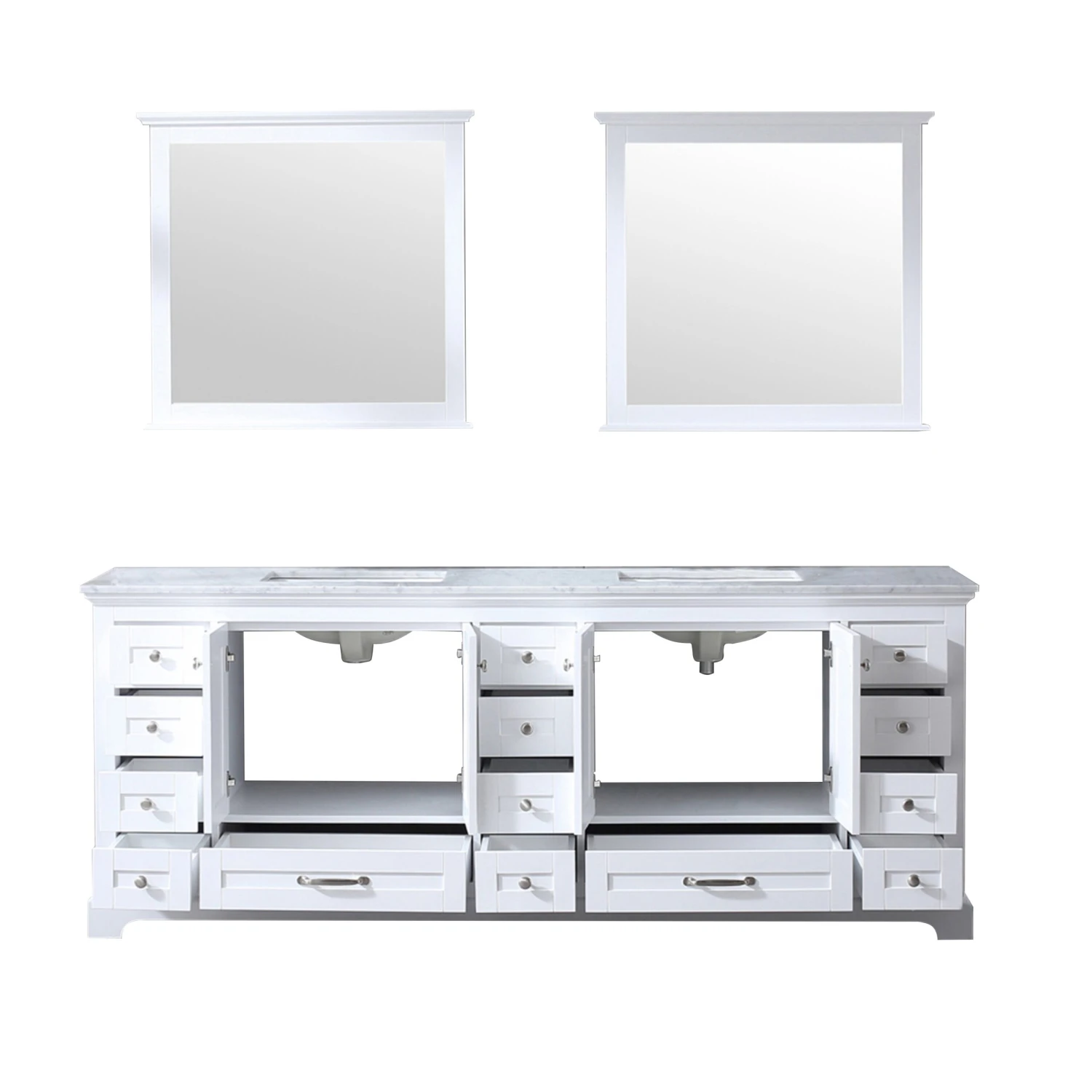 Lexora Dukes 84" White Double Vanity, White Carrara Marble Top, White Square Sinks And 34" Mirrors 8 Lexora Dukes 84" White Double Vanity, White Carrara Marble Top, White Square Sinks And 34" Mirrors - Image 6