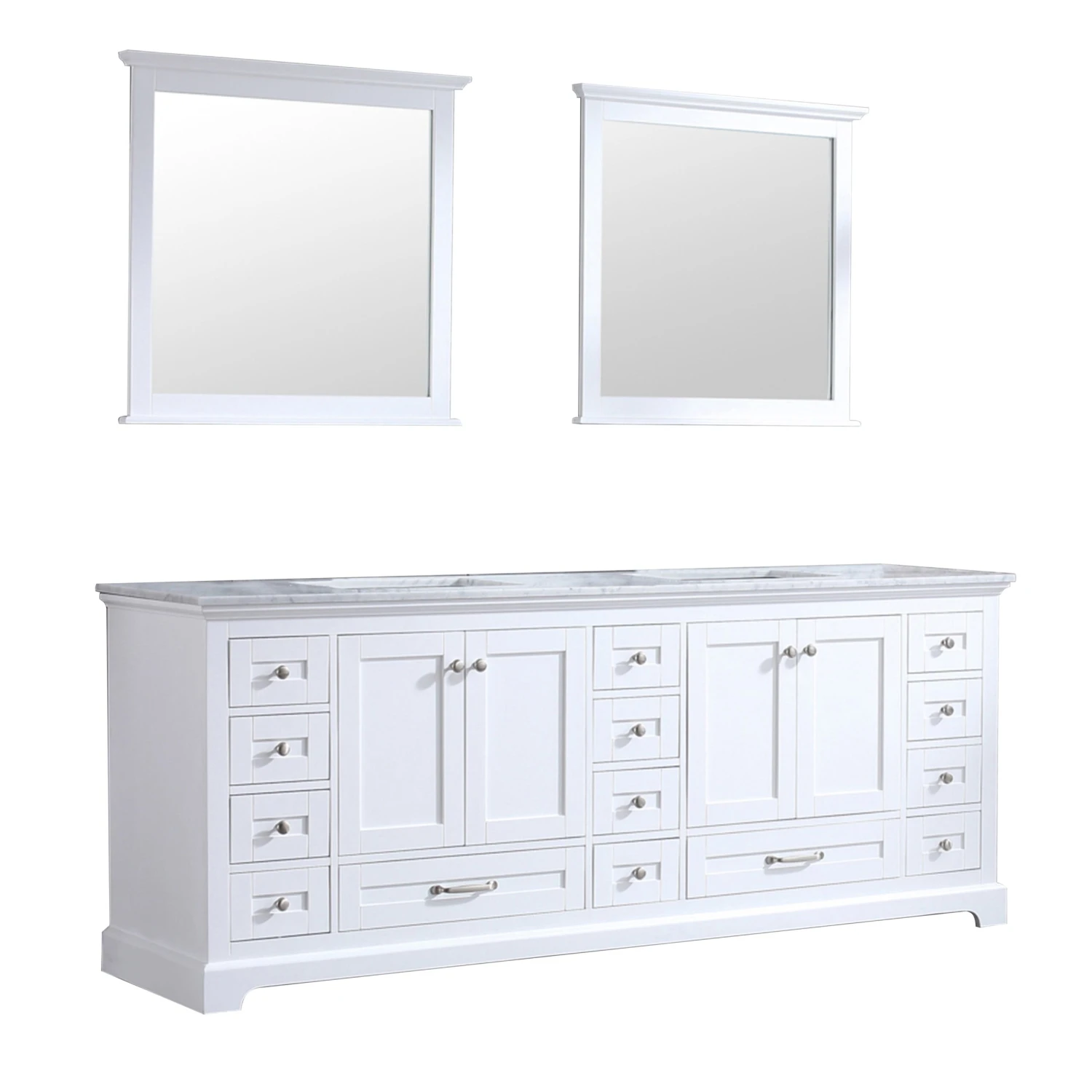 Lexora Dukes 84" White Double Vanity, White Carrara Marble Top, White Square Sinks And 34" Mirrors 9 Lexora Dukes 84" White Double Vanity, White Carrara Marble Top, White Square Sinks And 34" Mirrors - Image 7