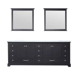 Lexora Dukes 84" Espresso Double Vanity, White Carrara Marble Top, White Square Sinks And 34" Mirrors