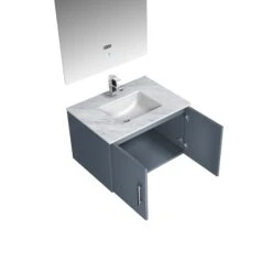 Lexora Geneva 30" Dark Grey Single Vanity, White Carrara Marble Top, White Square Sink And 30" LED Mirror W/ Faucet -Home And Outdoor LG192230DBDSLM30F 9