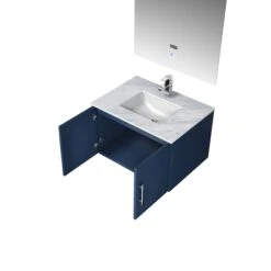 Lexora Geneva 30" Navy Blue Single Vanity, White Carrara Marble Top, White Square Sink And 30" LED Mirror W/ Faucet -Home And Outdoor LG192230DEDSLM30F 10