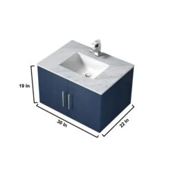 Lexora Geneva 30" Navy Blue Single Vanity, White Carrara Marble Top, White Square Sink And 30" LED Mirror W/ Faucet -Home And Outdoor LG192230DEDSLM30F 12