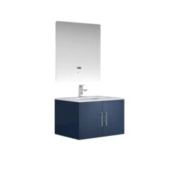 Lexora Geneva 30" Navy Blue Single Vanity, White Carrara Marble Top, White Square Sink And 30" LED Mirror W/ Faucet -Home And Outdoor LG192230DEDSLM30F 5