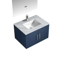 Lexora Geneva 30" Navy Blue Single Vanity, White Carrara Marble Top, White Square Sink And 30" LED Mirror W/ Faucet -Home And Outdoor LG192230DEDSLM30F 7