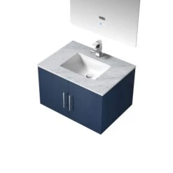 Lexora Geneva 30" Navy Blue Single Vanity, White Carrara Marble Top, White Square Sink And 30" LED Mirror W/ Faucet -Home And Outdoor LG192230DEDSLM30F 8