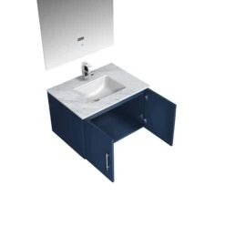 Lexora Geneva 30" Navy Blue Single Vanity, White Carrara Marble Top, White Square Sink And 30" LED Mirror W/ Faucet -Home And Outdoor LG192230DEDSLM30F 9