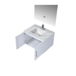 Lexora Geneva 30" Glossy White Single Vanity, White Carrara Marble Top, White Square Sink And 30" LED Mirror W/ Faucet -Home And Outdoor LG192230DMDSLM30F 10