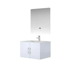 Lexora Geneva 30" Glossy White Single Vanity, White Carrara Marble Top, White Square Sink And 30" LED Mirror W/ Faucet -Home And Outdoor LG192230DMDSLM30F 6