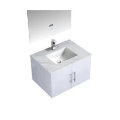 Lexora Geneva 30" Glossy White Single Vanity, White Carrara Marble Top, White Square Sink And 30" LED Mirror W/ Faucet -Home And Outdoor LG192230DMDSLM30F 7