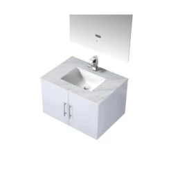 Lexora Geneva 30" Glossy White Single Vanity, White Carrara Marble Top, White Square Sink And 30" LED Mirror W/ Faucet -Home And Outdoor LG192230DMDSLM30F 8