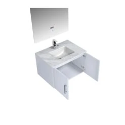 Lexora Geneva 30" Glossy White Single Vanity, White Carrara Marble Top, White Square Sink And 30" LED Mirror W/ Faucet -Home And Outdoor LG192230DMDSLM30F 9