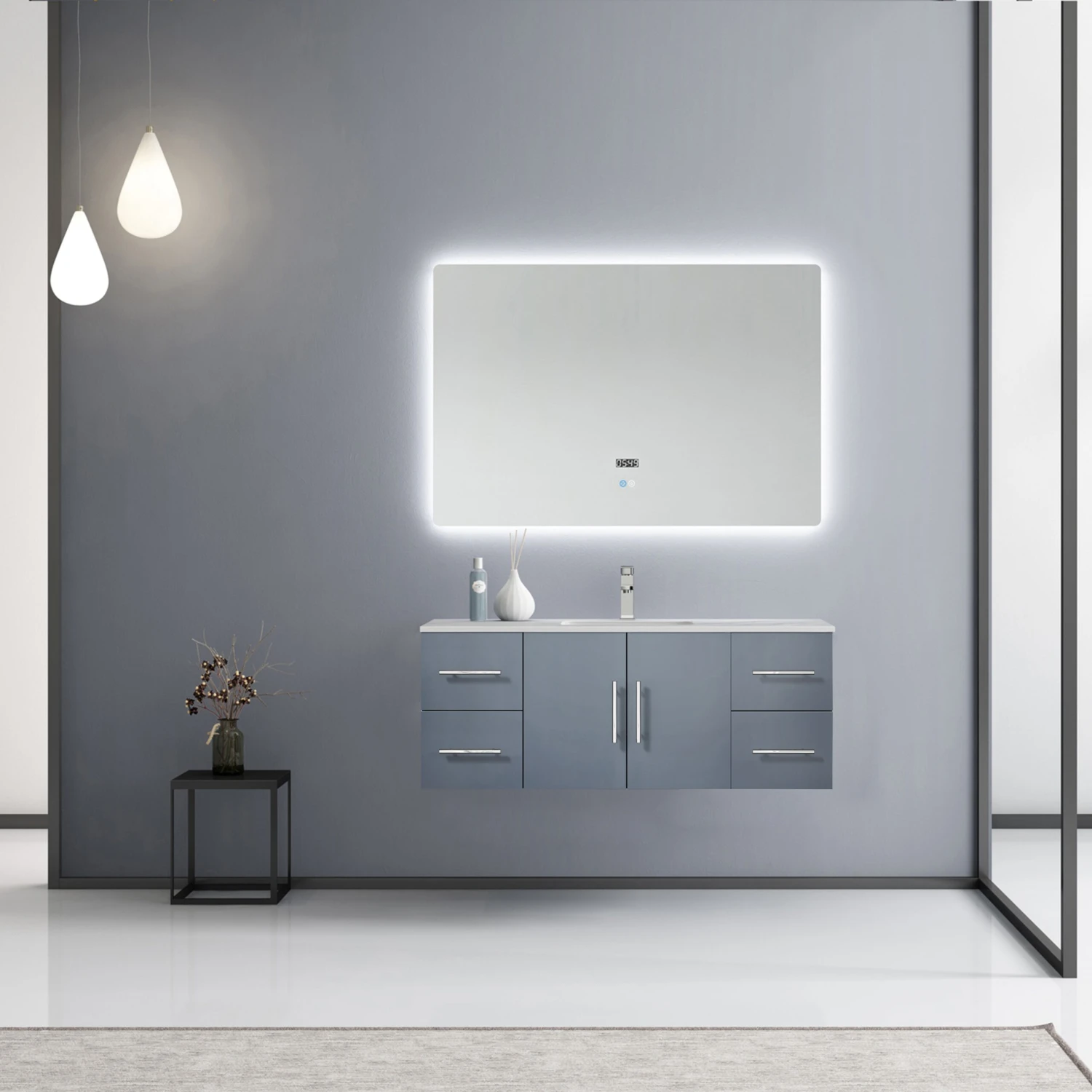 Lexora Geneva 48" Dark Grey Single Vanity, White Carrara Marble Top, White Square Sink And 48" LED Mirror W/ Faucet 4 Lexora Geneva 48" Dark Grey Single Vanity, White Carrara Marble Top, White Square Sink And 48" LED Mirror W/ Faucet - Image 2