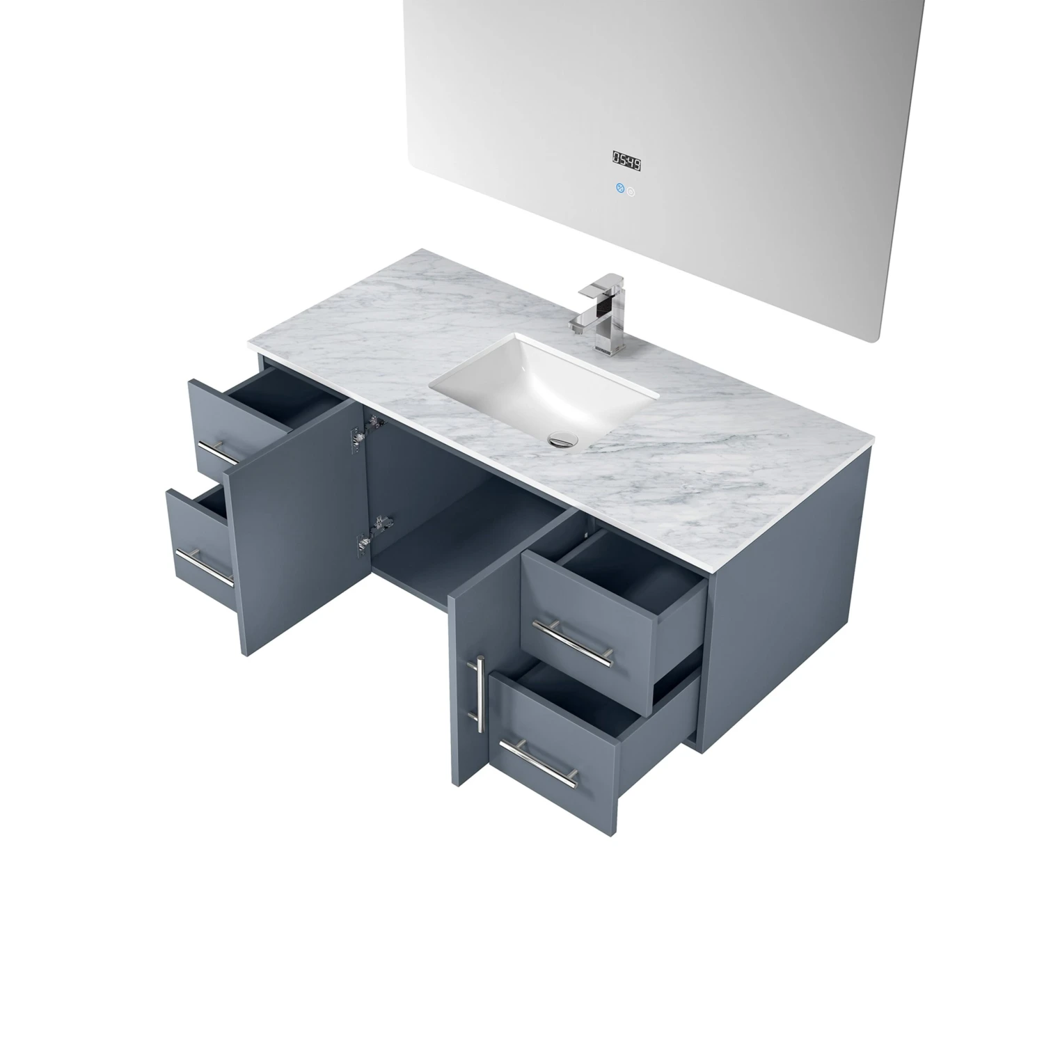 Lexora Geneva 48" Dark Grey Single Vanity, White Carrara Marble Top, White Square Sink And 48" LED Mirror W/ Faucet 12 Lexora Geneva 48" Dark Grey Single Vanity, White Carrara Marble Top, White Square Sink And 48" LED Mirror W/ Faucet - Image 10