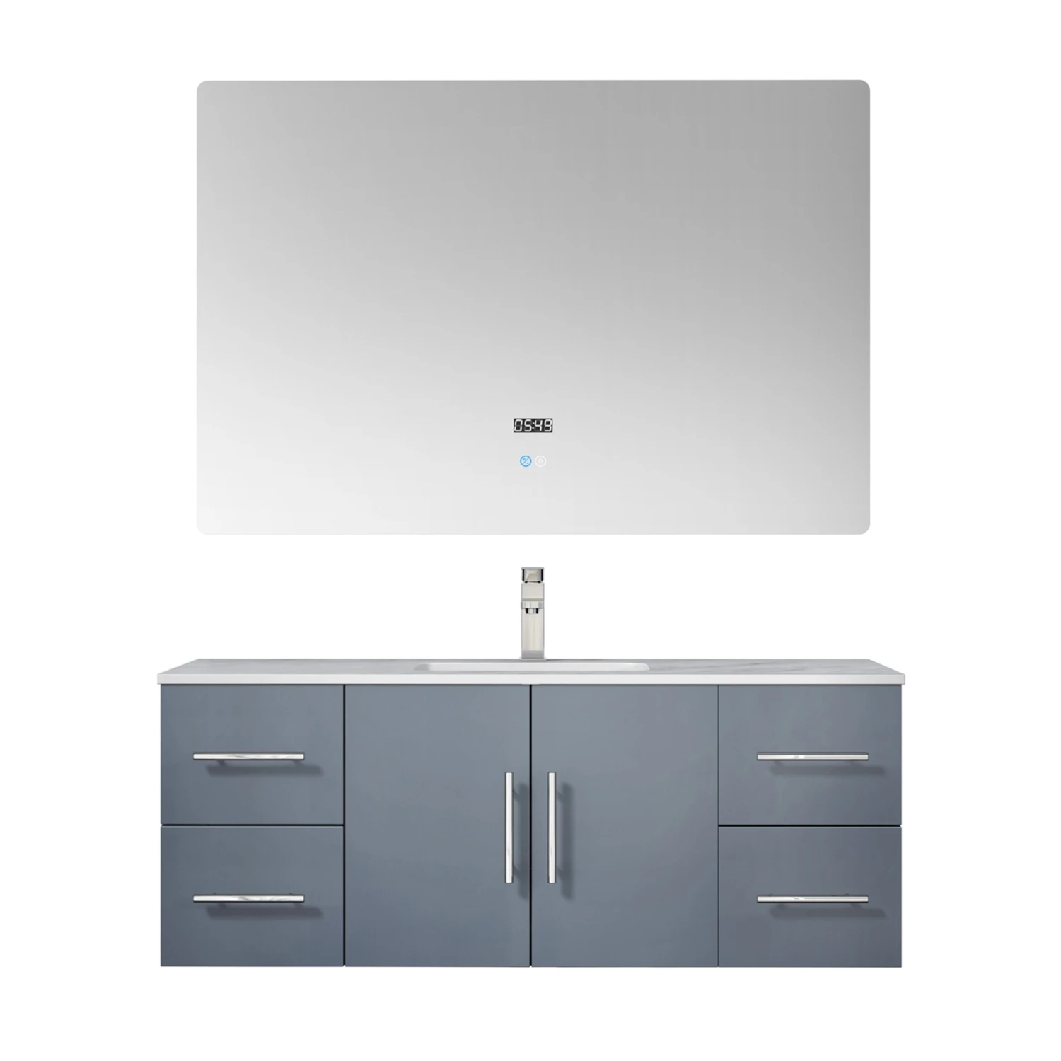 Lexora Geneva 48" Dark Grey Single Vanity, White Carrara Marble Top, White Square Sink And 48" LED Mirror W/ Faucet 3 Lexora Geneva 48" Dark Grey Single Vanity, White Carrara Marble Top, White Square Sink And 48" LED Mirror W/ Faucet