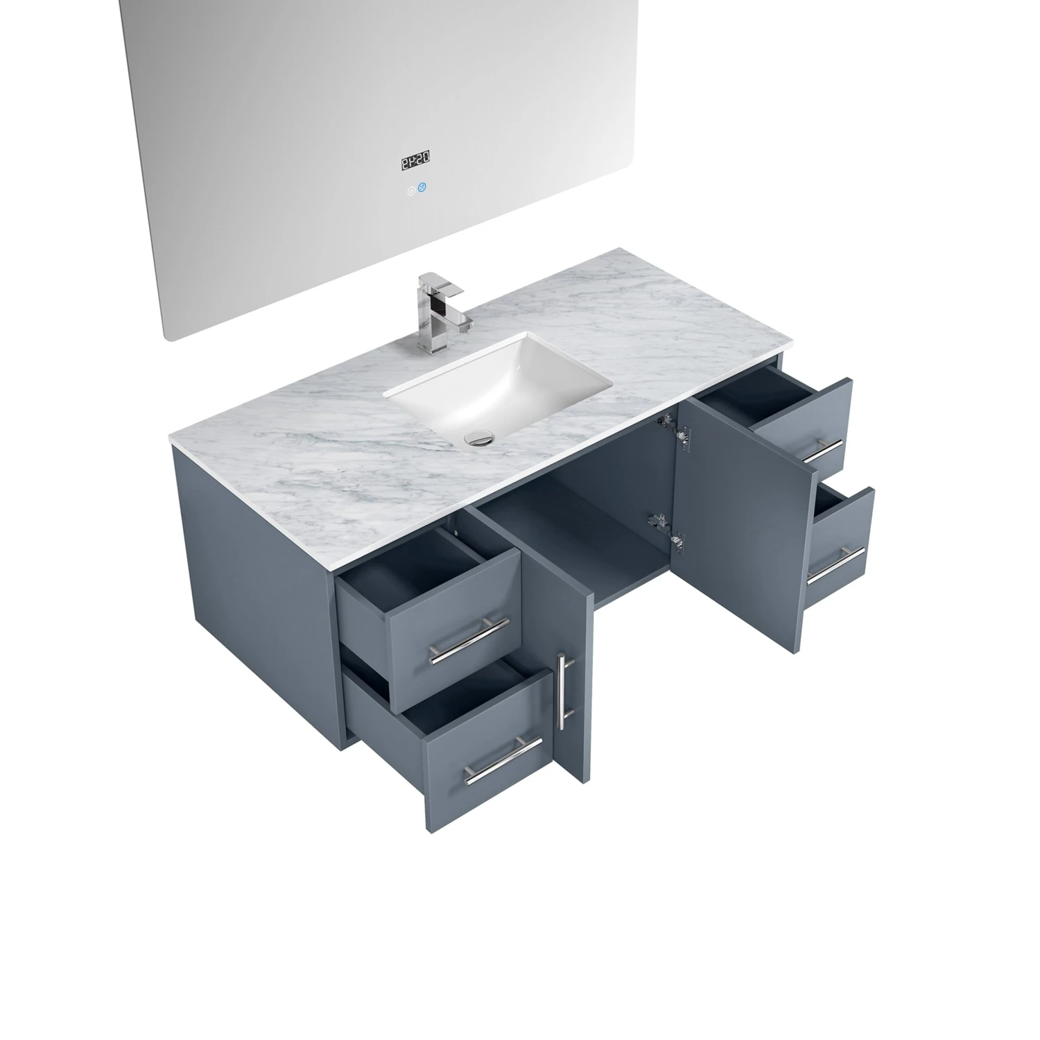 Lexora Geneva 48" Dark Grey Single Vanity, White Carrara Marble Top, White Square Sink And 48" LED Mirror W/ Faucet 11 Lexora Geneva 48" Dark Grey Single Vanity, White Carrara Marble Top, White Square Sink And 48" LED Mirror W/ Faucet - Image 9
