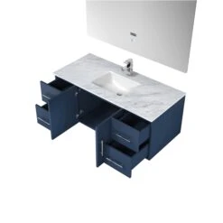 Lexora Geneva 48" Navy Blue Single Vanity, White Carrara Marble Top, White Square Sink And 48" LED Mirror W/ Faucet -Home And Outdoor LG192248DEDSLM48F 10