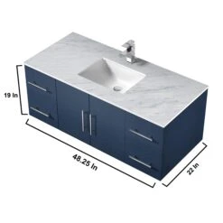Lexora Geneva 48" Navy Blue Single Vanity, White Carrara Marble Top, White Square Sink And 48" LED Mirror W/ Faucet -Home And Outdoor LG192248DEDSLM48F 12
