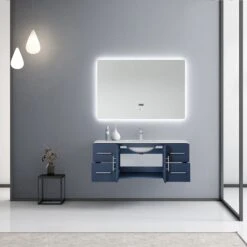 Lexora Geneva 48" Navy Blue Single Vanity, White Carrara Marble Top, White Square Sink And 48" LED Mirror W/ Faucet -Home And Outdoor LG192248DEDSLM48F 2