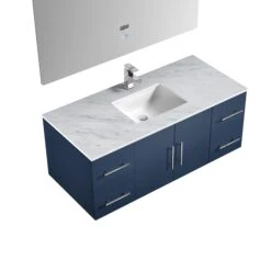 Lexora Geneva 48" Navy Blue Single Vanity, White Carrara Marble Top, White Square Sink And 48" LED Mirror W/ Faucet -Home And Outdoor LG192248DEDSLM48F 7