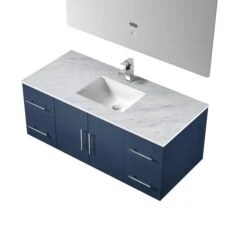 Lexora Geneva 48" Navy Blue Single Vanity, White Carrara Marble Top, White Square Sink And 48" LED Mirror W/ Faucet -Home And Outdoor LG192248DEDSLM48F 8