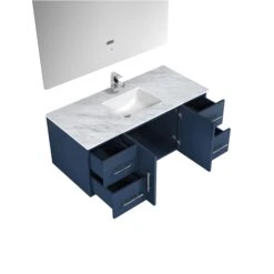 Lexora Geneva 48" Navy Blue Single Vanity, White Carrara Marble Top, White Square Sink And 48" LED Mirror W/ Faucet -Home And Outdoor LG192248DEDSLM48F 9