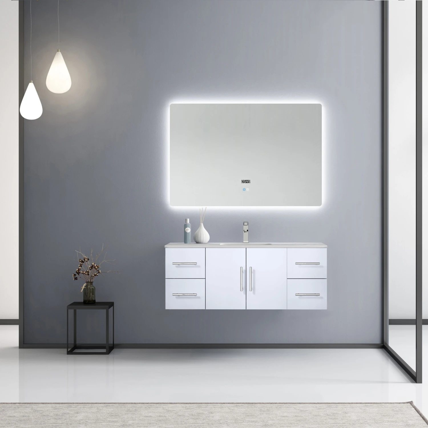 Lexora Geneva 48" Glossy White Single Vanity, White Carrara Marble Top, White Square Sink And 48" LED Mirror W/ Faucet 4 Lexora Geneva 48" Glossy White Single Vanity, White Carrara Marble Top, White Square Sink And 48" LED Mirror W/ Faucet - Image 2
