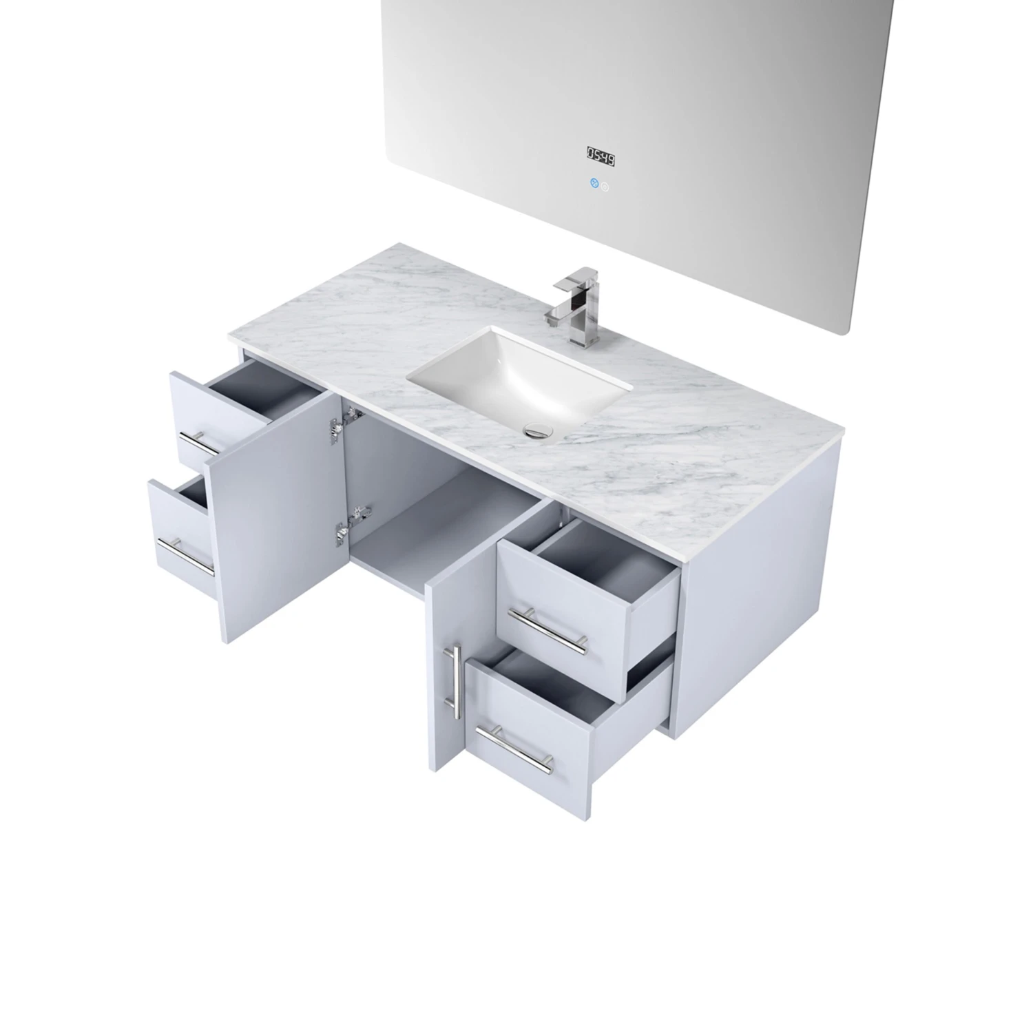 Lexora Geneva 48" Glossy White Single Vanity, White Carrara Marble Top, White Square Sink And 48" LED Mirror W/ Faucet 12 Lexora Geneva 48" Glossy White Single Vanity, White Carrara Marble Top, White Square Sink And 48" LED Mirror W/ Faucet - Image 10