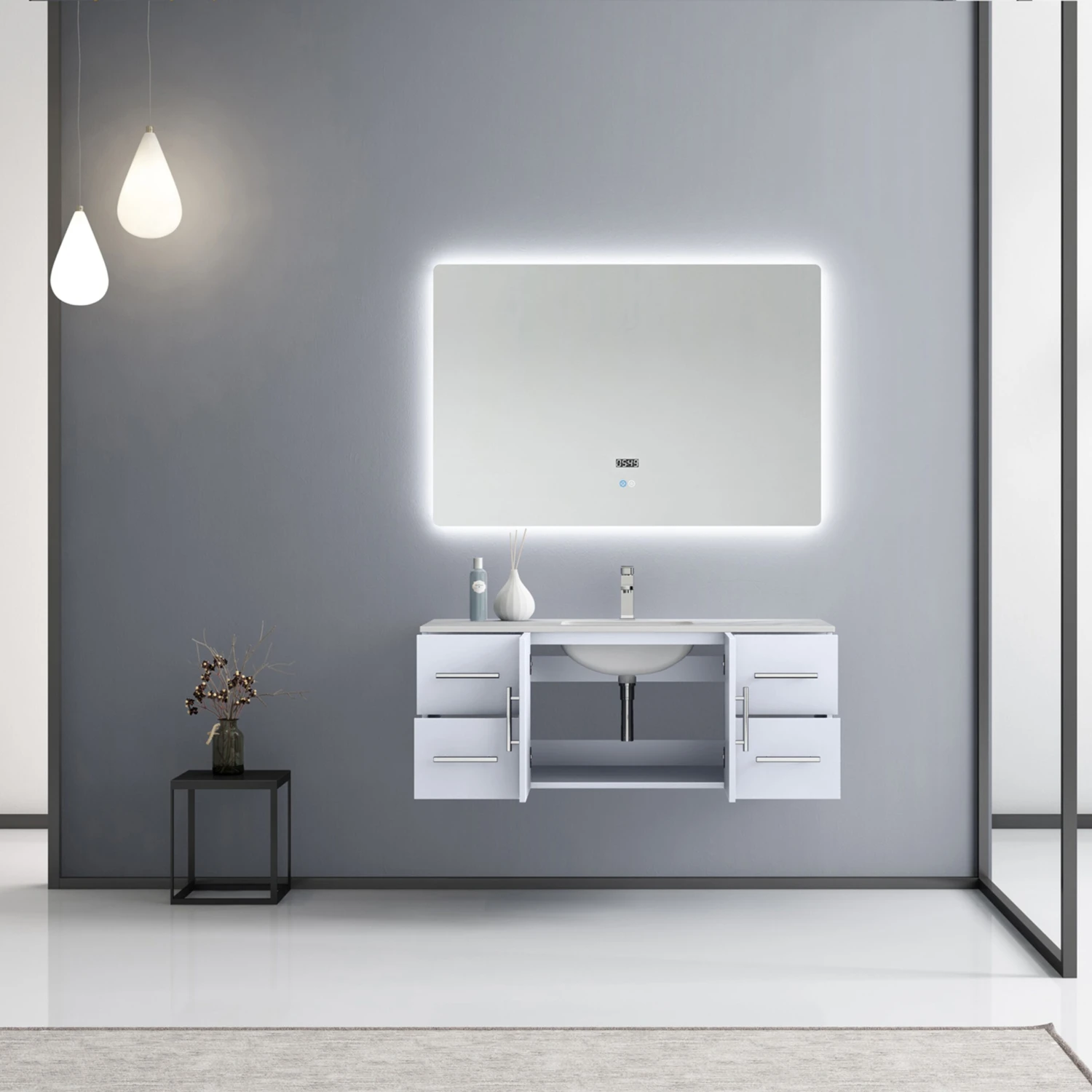 Lexora Geneva 48" Glossy White Single Vanity, White Carrara Marble Top, White Square Sink And 48" LED Mirror W/ Faucet 5 Lexora Geneva 48" Glossy White Single Vanity, White Carrara Marble Top, White Square Sink And 48" LED Mirror W/ Faucet - Image 3