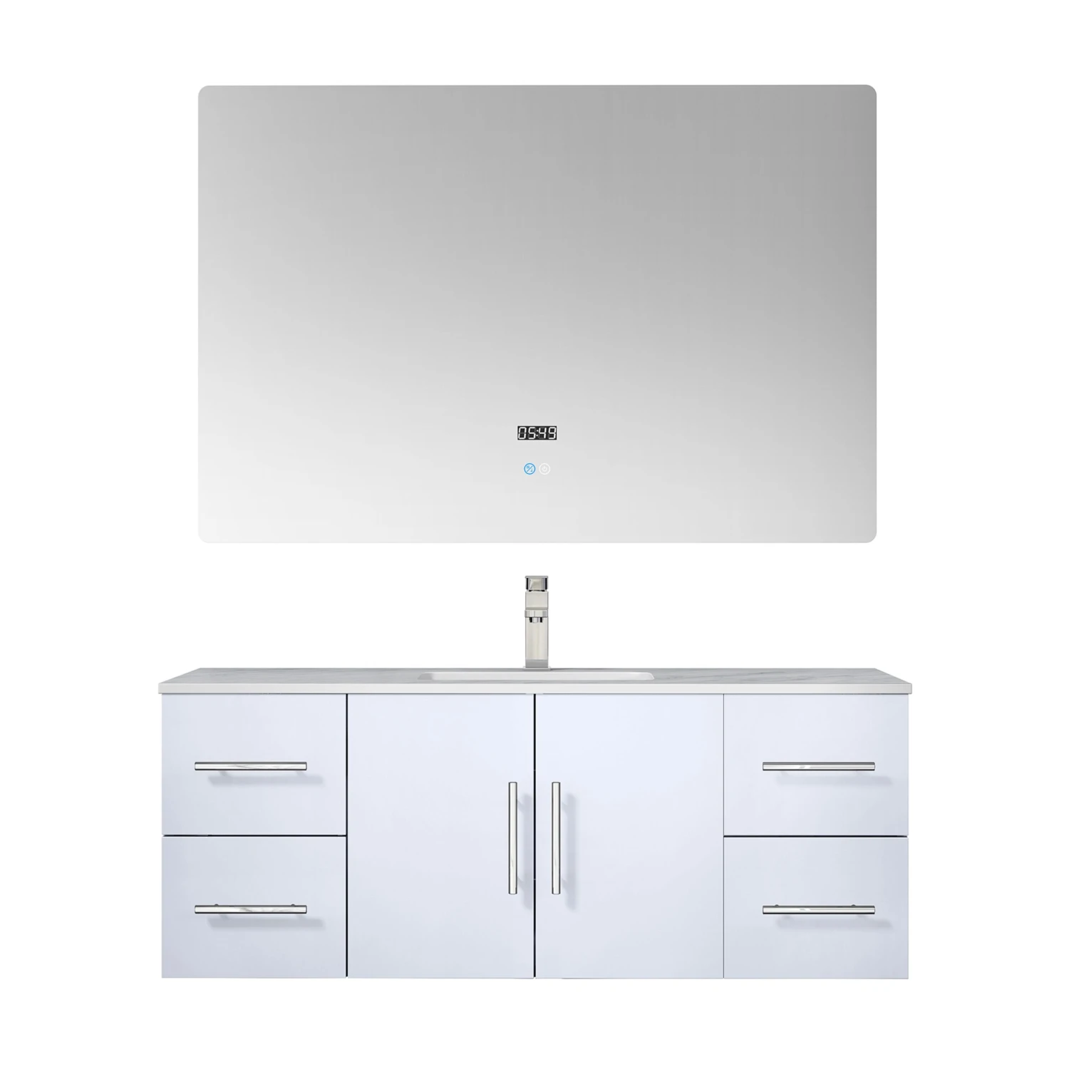 Lexora Geneva 48" Glossy White Single Vanity, White Carrara Marble Top, White Square Sink And 48" LED Mirror W/ Faucet 3 Lexora Geneva 48" Glossy White Single Vanity, White Carrara Marble Top, White Square Sink And 48" LED Mirror W/ Faucet