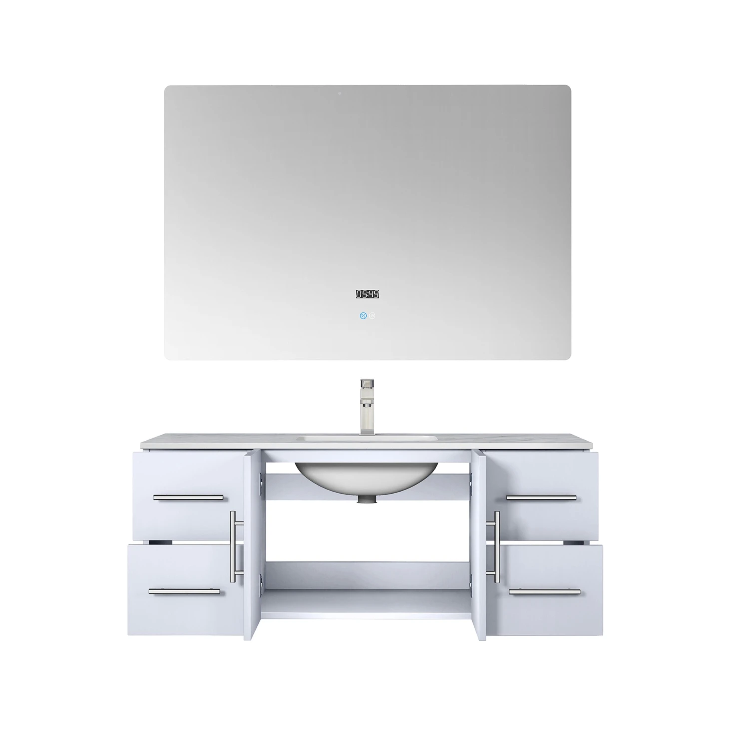 Lexora Geneva 48" Glossy White Single Vanity, White Carrara Marble Top, White Square Sink And 48" LED Mirror W/ Faucet 6 Lexora Geneva 48" Glossy White Single Vanity, White Carrara Marble Top, White Square Sink And 48" LED Mirror W/ Faucet - Image 4