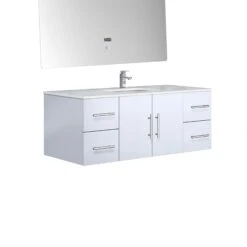 Lexora Geneva 48" Glossy White Single Vanity, White Carrara Marble Top, White Square Sink And 48" LED Mirror W/ Faucet 19 Lexora Geneva 48" Glossy White Single Vanity, White Carrara Marble Top, White Square Sink And 48" LED Mirror W/ Faucet -Home And Outdoor LG192248DMDSLM48F 5