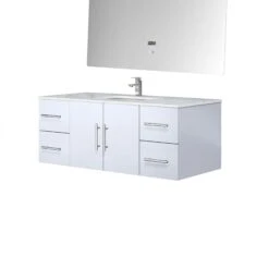 Lexora Geneva 48" Glossy White Single Vanity, White Carrara Marble Top, White Square Sink And 48" LED Mirror W/ Faucet 20 Lexora Geneva 48" Glossy White Single Vanity, White Carrara Marble Top, White Square Sink And 48" LED Mirror W/ Faucet -Home And Outdoor LG192248DMDSLM48F 6