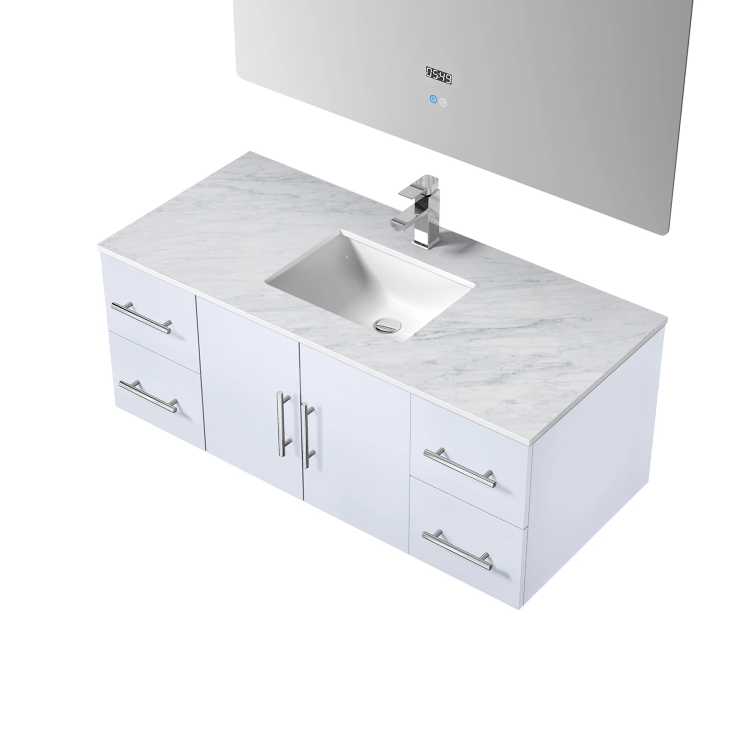 Lexora Geneva 48" Glossy White Single Vanity, White Carrara Marble Top, White Square Sink And 48" LED Mirror W/ Faucet 10 Lexora Geneva 48" Glossy White Single Vanity, White Carrara Marble Top, White Square Sink And 48" LED Mirror W/ Faucet - Image 8