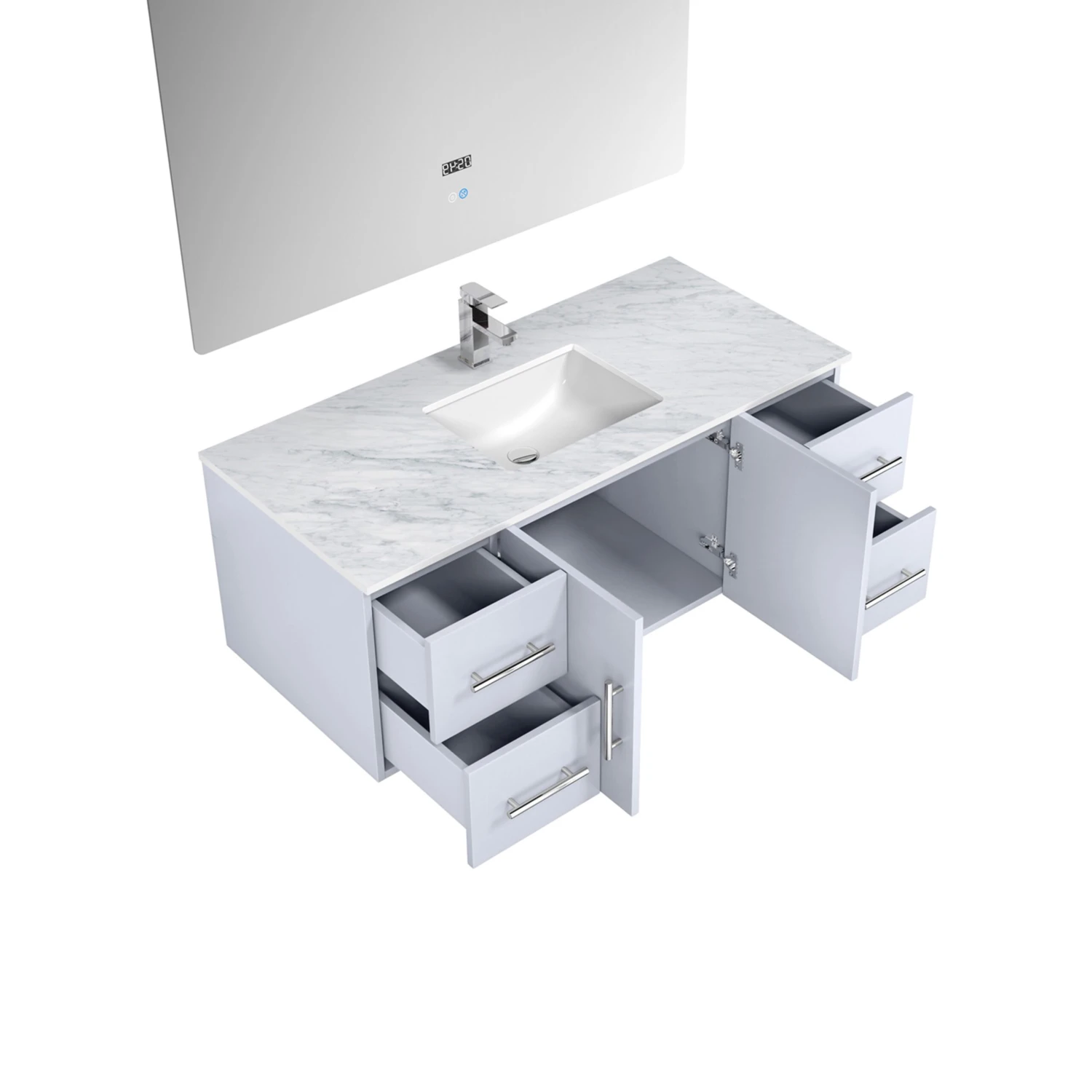 Lexora Geneva 48" Glossy White Single Vanity, White Carrara Marble Top, White Square Sink And 48" LED Mirror W/ Faucet 11 Lexora Geneva 48" Glossy White Single Vanity, White Carrara Marble Top, White Square Sink And 48" LED Mirror W/ Faucet - Image 9