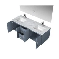 Lexora Geneva 60" Dark Grey Double Vanity, White Carrara Marble Top, White Square Sinks And 60" LED Mirror W/ Faucets -Home And Outdoor LG192260DBDSLM60F 10