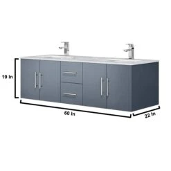 Lexora Geneva 60" Dark Grey Double Vanity, White Carrara Marble Top, White Square Sinks And 60" LED Mirror W/ Faucets -Home And Outdoor LG192260DBDSLM60F 12
