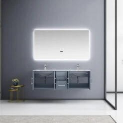 Lexora Geneva 60" Dark Grey Double Vanity, White Carrara Marble Top, White Square Sinks And 60" LED Mirror W/ Faucets -Home And Outdoor LG192260DBDSLM60F 2