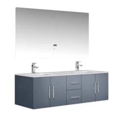 Lexora Geneva 60" Dark Grey Double Vanity, White Carrara Marble Top, White Square Sinks And 60" LED Mirror W/ Faucets -Home And Outdoor LG192260DBDSLM60F 5