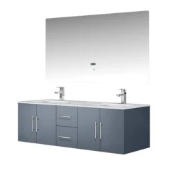 Lexora Geneva 60" Dark Grey Double Vanity, White Carrara Marble Top, White Square Sinks And 60" LED Mirror W/ Faucets -Home And Outdoor LG192260DBDSLM60F 6