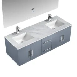 Lexora Geneva 60" Dark Grey Double Vanity, White Carrara Marble Top, White Square Sinks And 60" LED Mirror W/ Faucets -Home And Outdoor LG192260DBDSLM60F 7