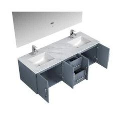 Lexora Geneva 60" Dark Grey Double Vanity, White Carrara Marble Top, White Square Sinks And 60" LED Mirror W/ Faucets -Home And Outdoor LG192260DBDSLM60F 9