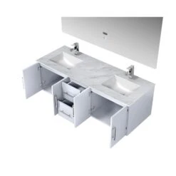 Lexora Geneva 60" Glossy White Double Vanity, White Carrara Marble Top, White Square Sinks And 60" LED Mirror W/ Faucets -Home And Outdoor LG192260DMDSLM60F 10