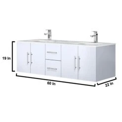 Lexora Geneva 60" Glossy White Double Vanity, White Carrara Marble Top, White Square Sinks And 60" LED Mirror W/ Faucets -Home And Outdoor LG192260DMDSLM60F 12