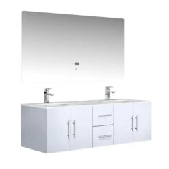 Lexora Geneva 60" Glossy White Double Vanity, White Carrara Marble Top, White Square Sinks And 60" LED Mirror W/ Faucets -Home And Outdoor LG192260DMDSLM60F 5
